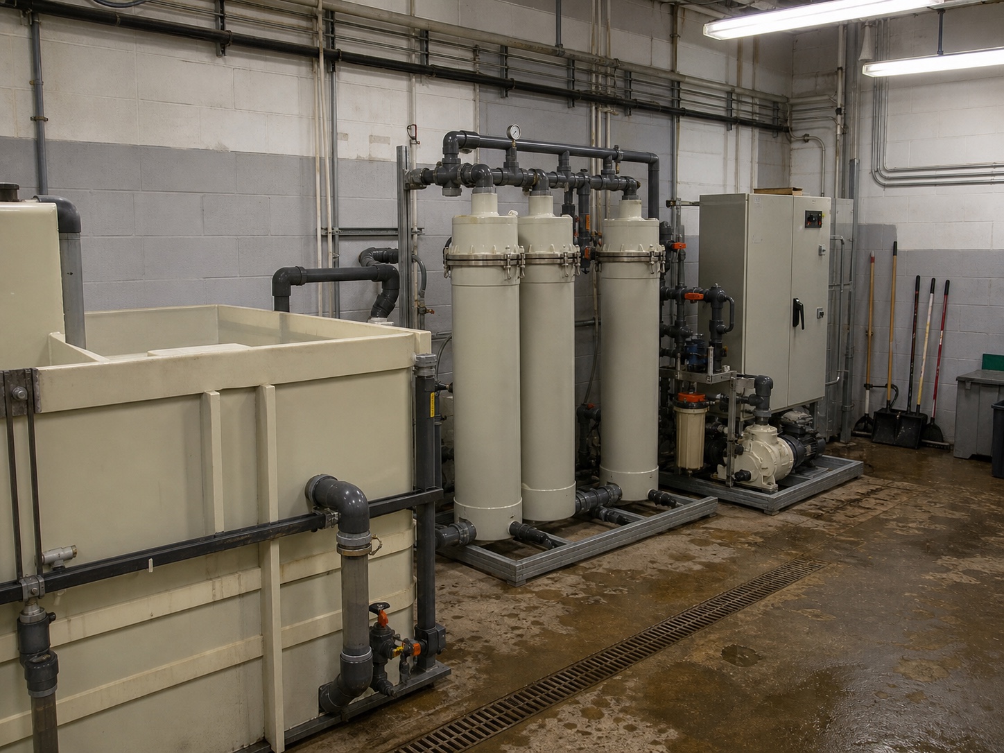 PP water treatment system with collection tank and process piping