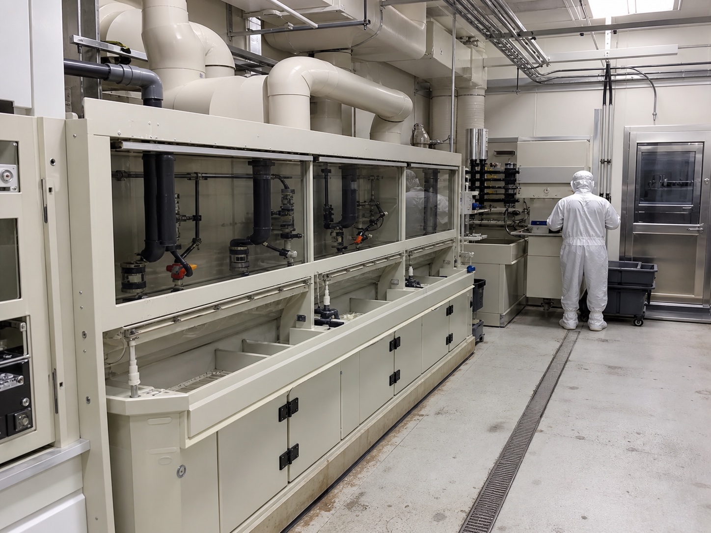 PP wet process equipment in a semiconductor cleaning workshop