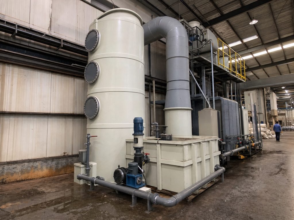 PP gas scrubber beside ductwork in a waste gas treatment plant